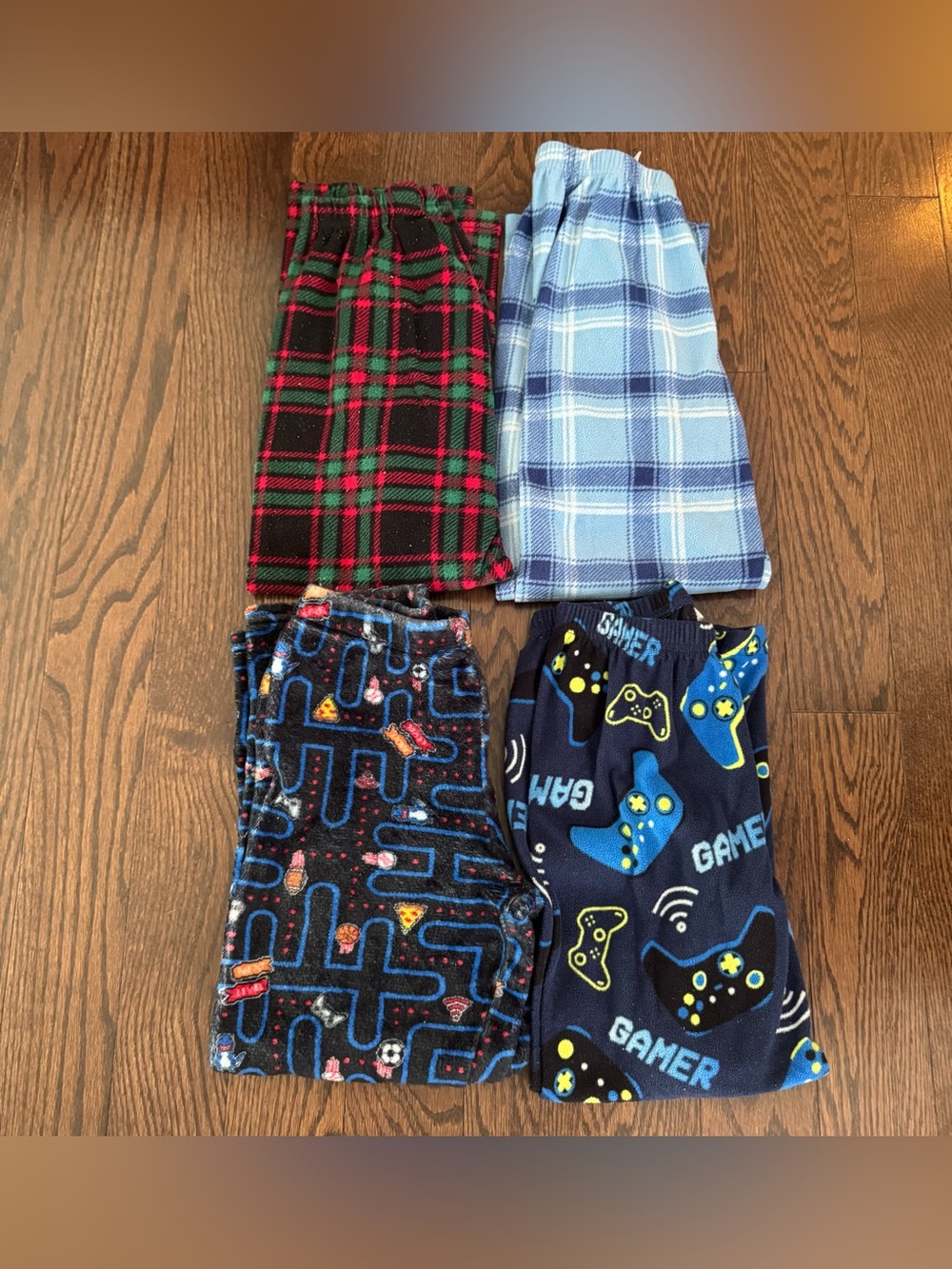 Boys Fleece Pajama Pants Bundle Lot of 4 Plaid, Gamer & Arcade Prints Size 7/8